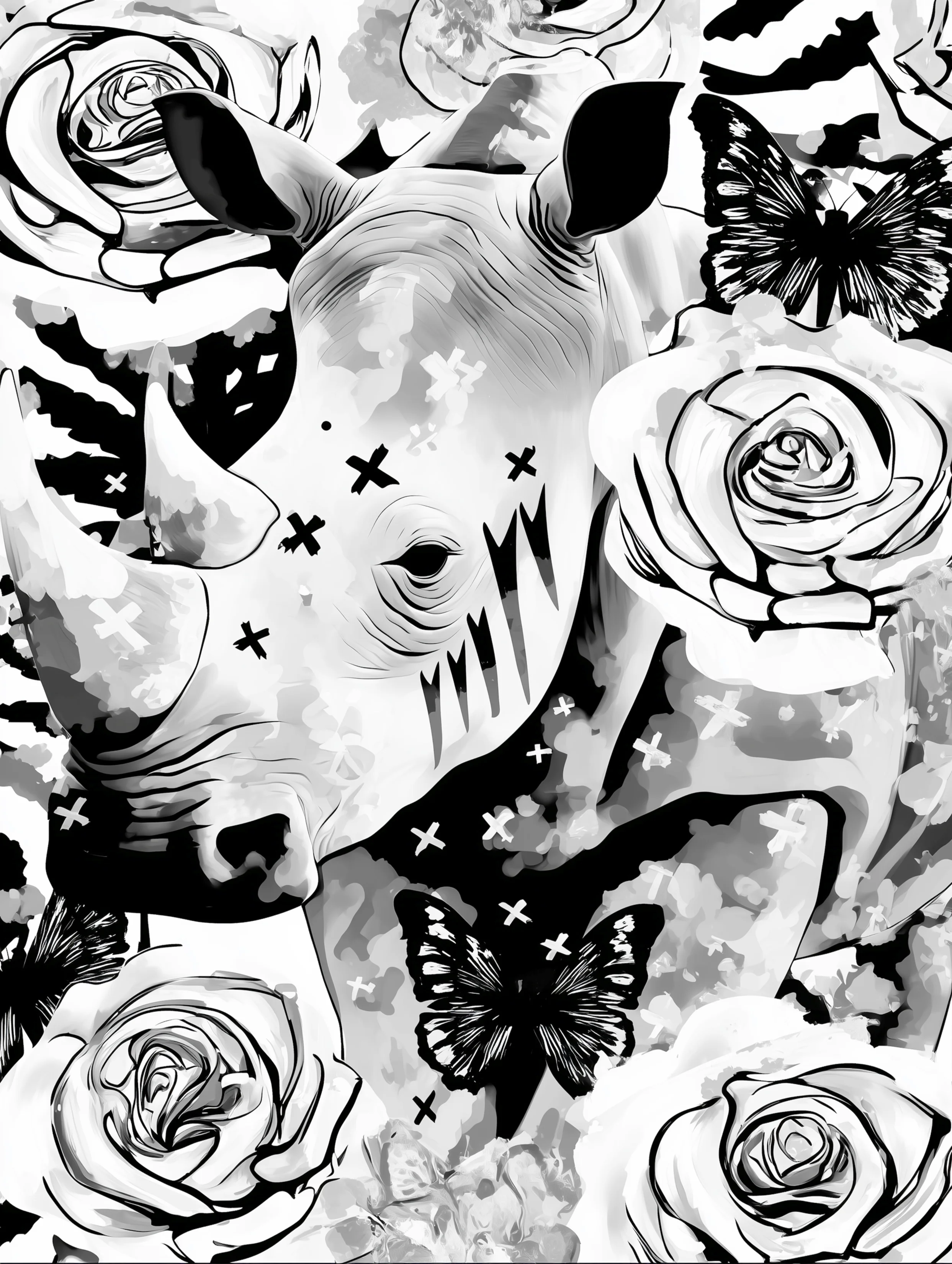 Free printable rhino coloring pages for adults featuring a rhino with x on face